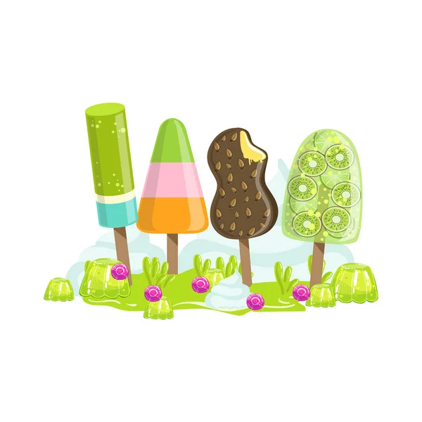 Helado y árboles frutales congelados Fantasy Candy Land Sweet Landscape Element — Vector de stock