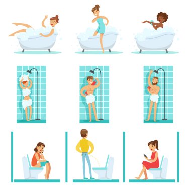 İnsanlar tuvalete yapıyor onların rutin hijyen prosedürleri, alma banyo, duş ve tuvalet kullanarak