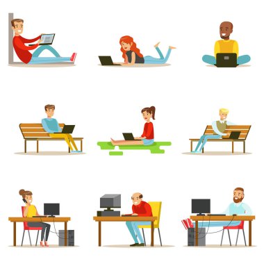 Happy People Spending Their Time Using Computer Collection Of Vector Illustrations With Men And Women Using Modern Technology