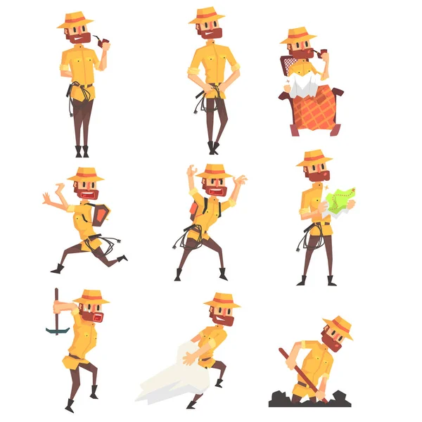 Adventurer Archeologist In Safari Suit With A Whip Set Of Activity Illustrations — Stock Vector