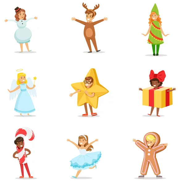 Crianças vestidas como símbolos de férias de inverno para a festa de carnaval de Natal do traje —  Vetores de Stock