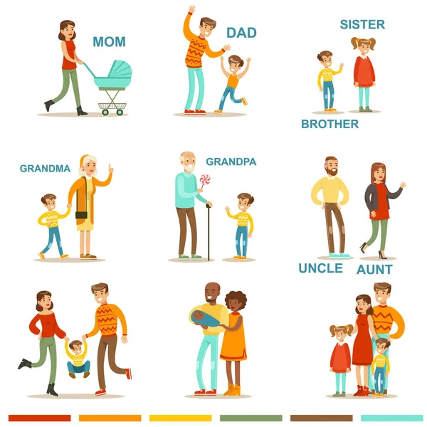 Happy Large Family With All the Relatives Gathering Including Mother, Father, Aunt, Uncle and Grandparents Illustrations With Corresponding Words — стоковый вектор