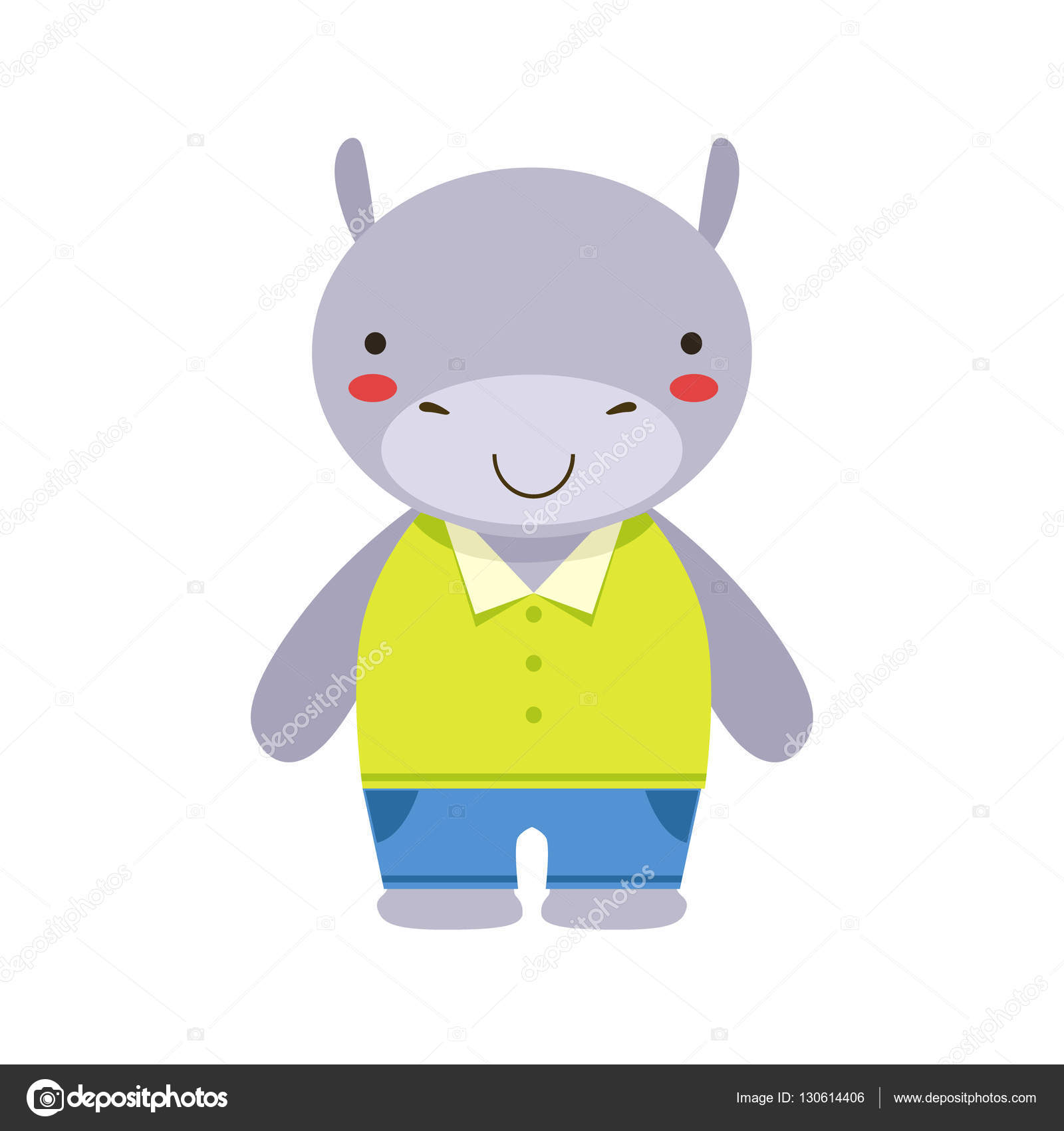 Lachelndes Nilpferd In Gelbem Oberteil Und Blauer Hose Niedliches Spielzeugbaby Als Kleiner Junge Verkleidet Stockvektor C Topvectors 130614406