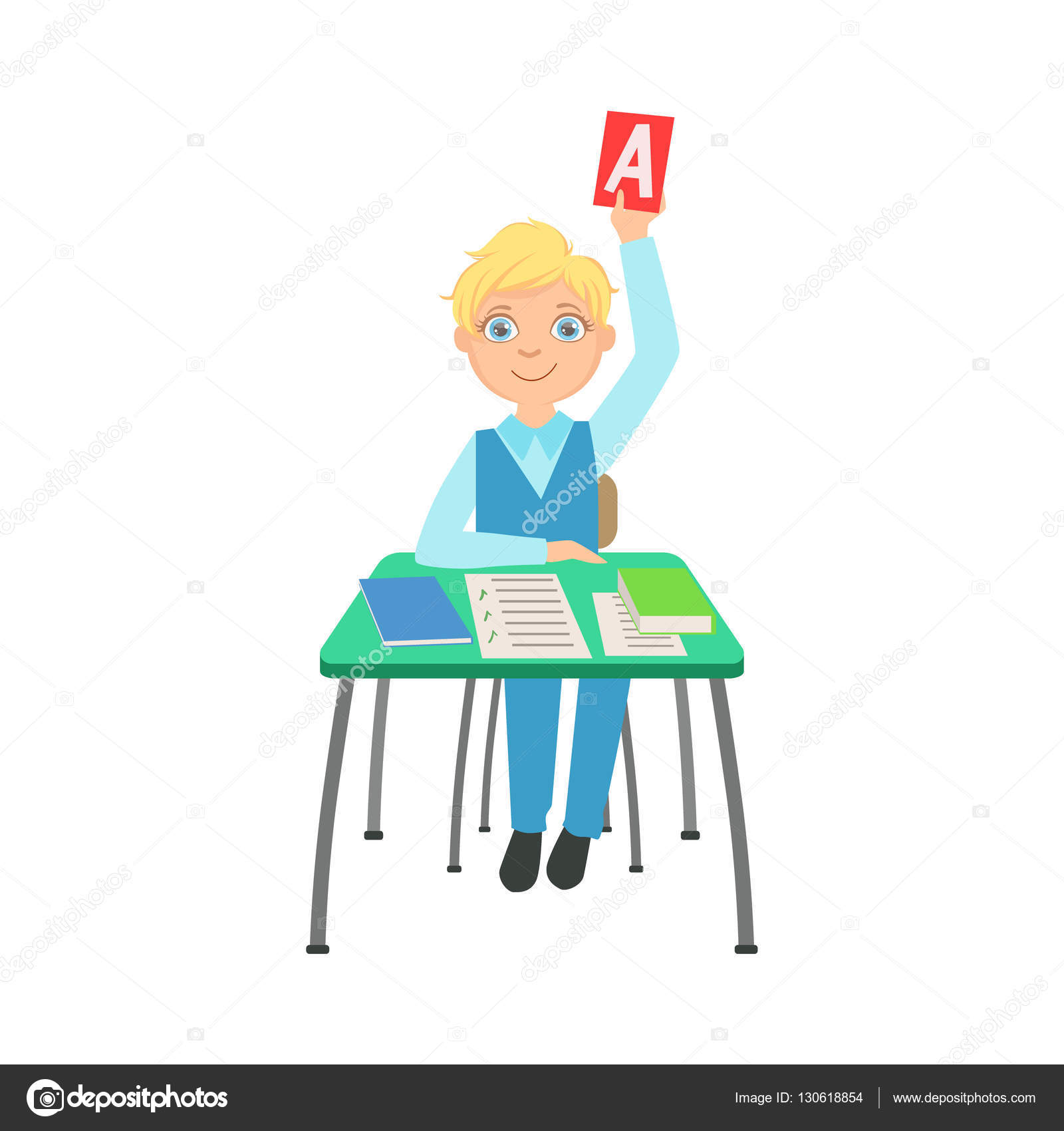 Schoolboy Sitting Behind The Desk In School Class Raising A Paper