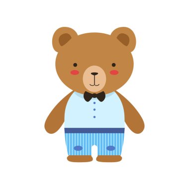 Papyon, boz ayı Mavi pantolon ve beyaz üst şirin oyuncak bebek hayvan gibi küçük çocuk giyinmiş