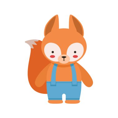 Mavi pantolon askısı şirin oyuncak bebek hayvan küçük çocuk gibi giyinmiş ile tilki