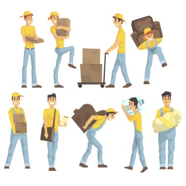 Delivery And Moving Company Employees Carrying Heavy Objects, Delivering Shipments And Helping With Removal Set Of Illustrations clipart