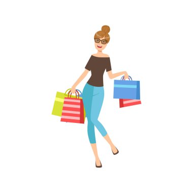 Happy Shopaholic Girl With Paper Shopping Bags Wearing Dark Glasses, Part Of Women Different Lifestyles Collection clipart