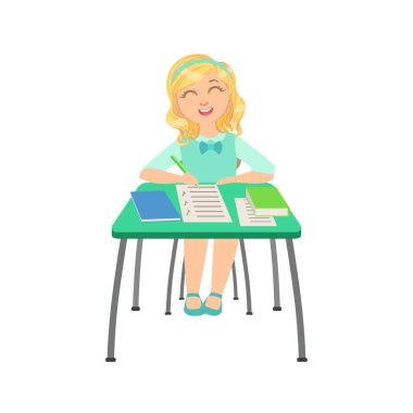 Okul sınıf Test kağıt çizimde, Part vektör toplama eğitim bilim adamlarının kutuları işaretleyerek masanın arkasında oturan kız öğrenci.