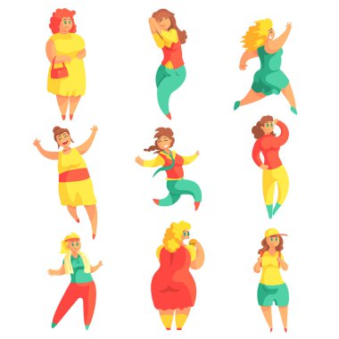 Beden kadınlar gülümseyen hayat dizi zevk renkli moda giysileri artı mutlu Overweighed kızlar çizgi kahramanlar