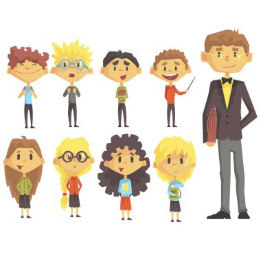 Takım elbiseli erkek öğretmeni ile okul İlköğretim Okulu grup karikatür karakter kümesini