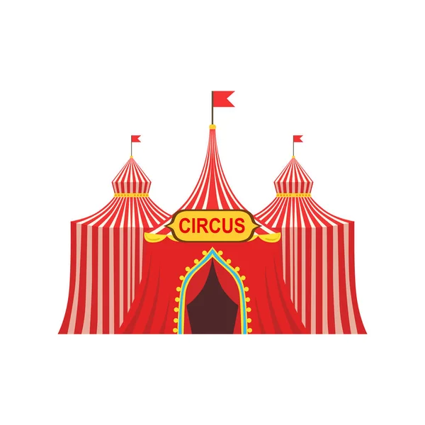 Tente temporaire de cirque en tissu rouge rayé avec drapeaux et panneau d'entrée — Image vectorielle