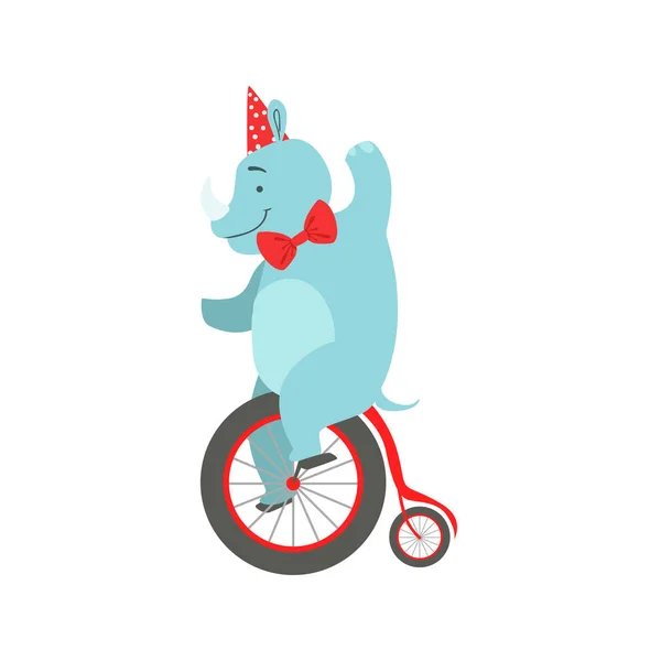 Circus Trained Rhinoceros Animal In Party Hat And Bow Tie Artist Performing Riding Vintage Bicycle Stunt For The Circus Show — Stock Vector