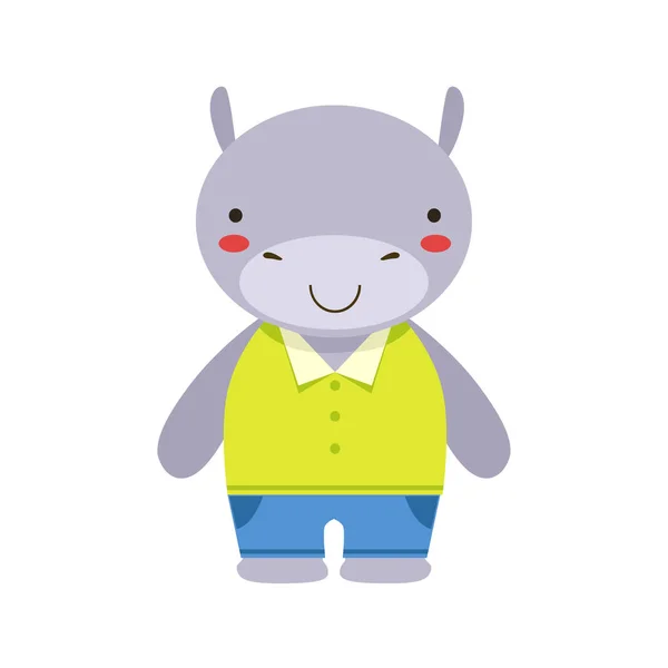 Hippo souriant en haut jaune et pantalons bleus jouet mignon bébé animal habillé comme un petit garçon — Image vectorielle