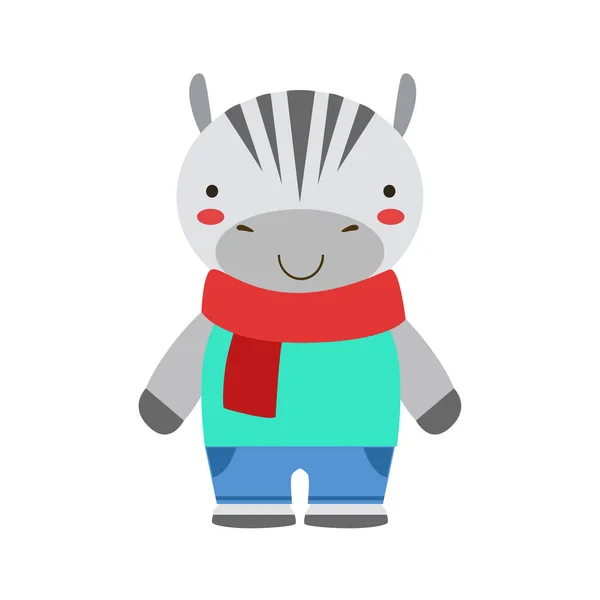 Zèbre souriant en écharpe rouge et tenue bleue jouet mignon bébé animal habillé comme un petit garçon — Image vectorielle