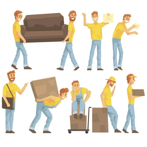 Consegna e trasloco dei dipendenti aziendali che trasportano oggetti pesanti, consegnano spedizioni e aiutano con set di illustrazioni di reinsediamento — Vettoriale Stock