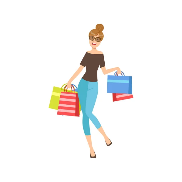 Chica Shopaholic feliz con bolsas de compras de papel con gafas oscuras, parte de la colección de estilos de vida diferentes de las mujeres — Vector de stock
