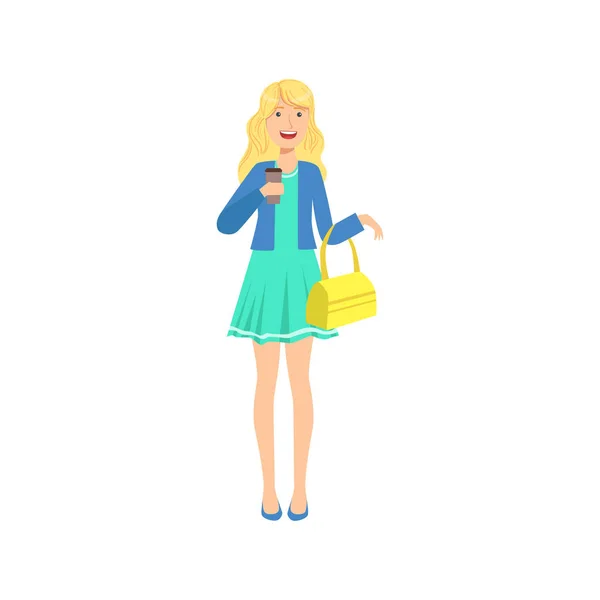 Feliz chica rubia bonita en vestido azul sorbiendo café, parte de la colección de estilos de vida diferentes de las mujeres — Vector de stock