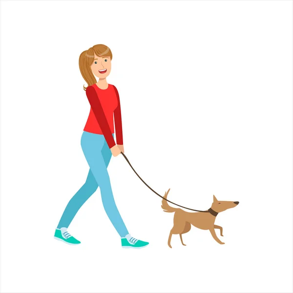 Happy Girl Walking Perro pequeño para mascotas con correa, parte de la colección de estilos de vida diferentes de las mujeres — Vector de stock