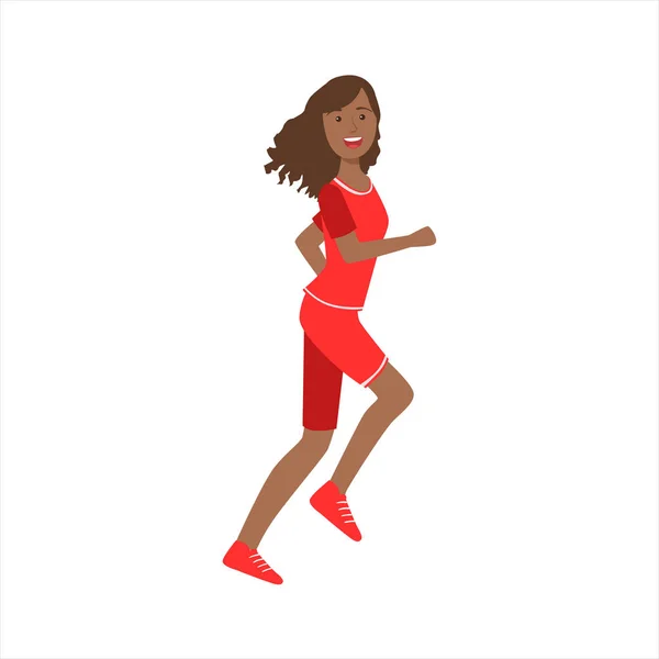 快乐慢跑女孩跑在嬉戏件红衣服，女性不同的生活方式集合的一部分 — 图库矢量图片