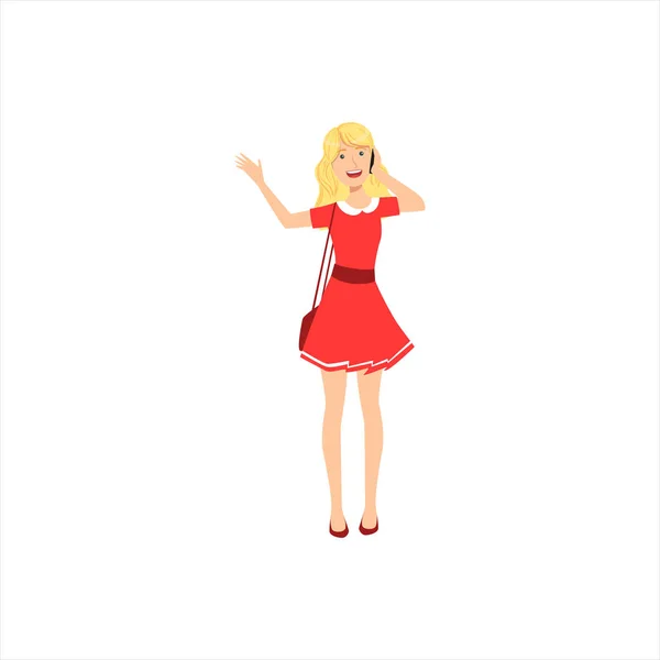Zadowolony ładny Blond dziewczynka w czerwonej sukience na czacie Ohe telefon komórkowy, część kolekcja różnych stylów życia kobiet — Wektor stockowy