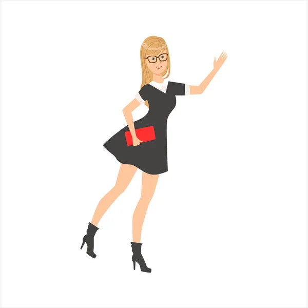 Menina loira em óculos e vestido muito preto vestindo salto alto e pegar táxi, parte de mulheres diferentes estilos de vida coleção —  Vetores de Stock