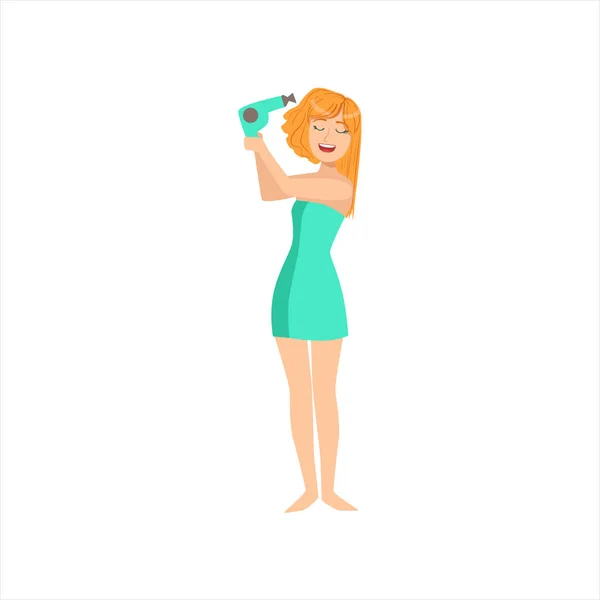 Mutlu kız duş, kadınlar parçası farklı yaşam tarzları koleksiyonu aldıktan sonra saç kurutma makinesi ile saç kurutma — Stok Vektör