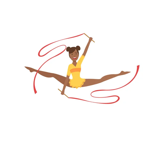 Черная профессиональная гимнастка в жёлтом трико, исполняющая стихию с двумя лентами — стоковый вектор