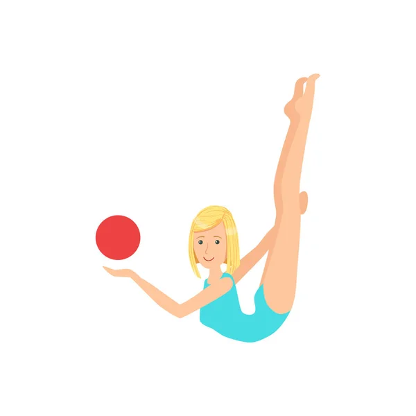 Blond Professional Rhythmic Gymnastics Sportswoman In Blue Leotard Performing An Element With Ball Apparatus — Stock Vector