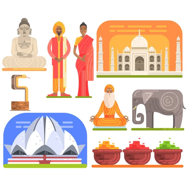 Atrações turísticas famosas para ver na Índia. Símbolos tradicionais de turismo da cultura indiana, incluindo vestuário, arquitetura e hábitos religiosos — Vetor de Stock