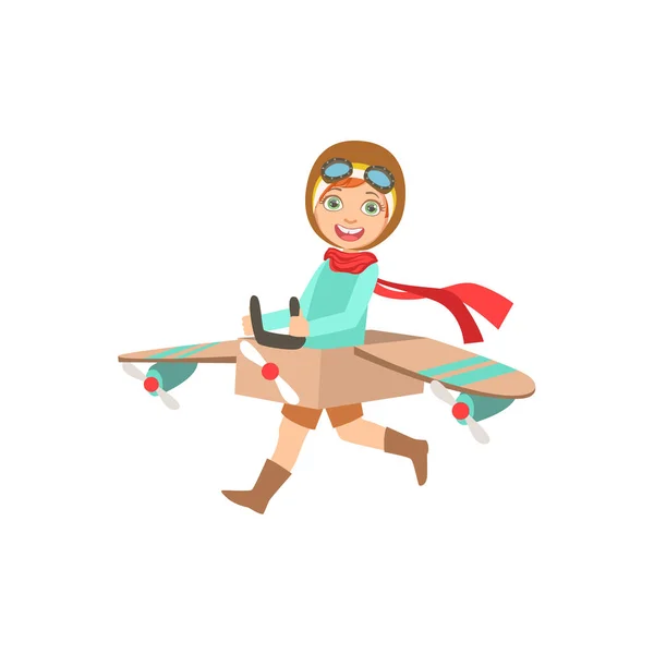 Little Boy In Vintage Pilot Leather Outfit Playing Piloting The Plane Game With The Costume Of The Airplane — Stock Vector