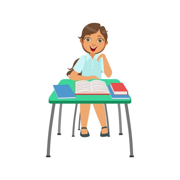 Schoolgirl Sitting Behind the Desk In School Class Very Interested Illustration, Part of Scholars Studying Vector Collection . — стоковый вектор