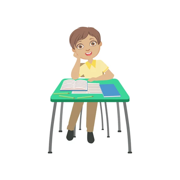 Studentessa seduta dietro la scrivania a scuola in stato d'animo sognante poggiando la testa sulla sua mano illustrazione, parte degli studiosi che studiano collezione vettoriale . — Vettoriale Stock