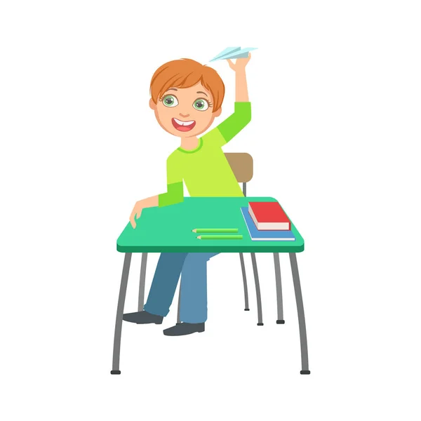 Studentessa seduta dietro la scrivania in classe scuola giocare carta aerei illustrazione, parte di studiosi studiare collezione vettoriale . — Vettoriale Stock