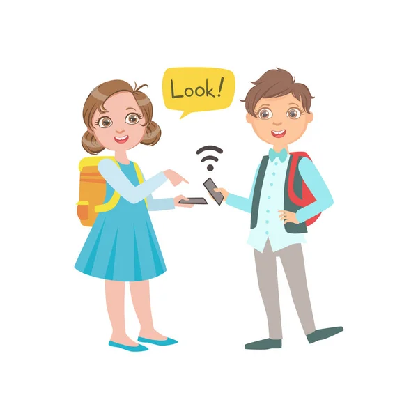 Schoolkids Boy And Girl Chatting And Exchanging Information From Their Smartphones During School Break, Part Of Scholars Studying Vector Collection. — Stock Vector