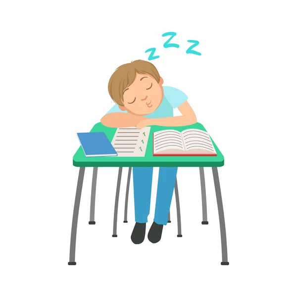 Schoolboy Sitting Behind The Desk In School Class Sleeping On Notebooks Illustration, Part Of Scholars Studying Vector Collection. — Stock Vector