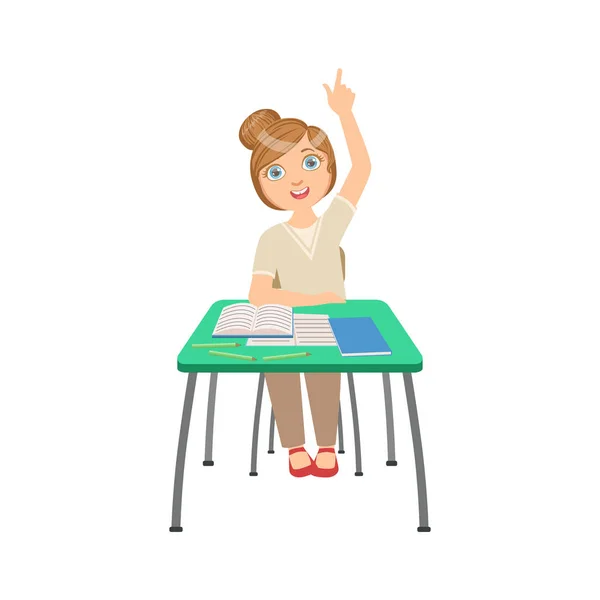 Know-it-all Schoolgirl Sitting Behind The Desk In School Class Illustration, Part Of Scholars Studying Vector Collection. — Stock Vector