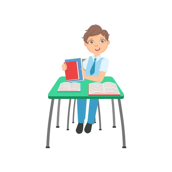 Écolier assis derrière le bureau dans la classe d'école emballant ses livres Illustration, partie des chercheurs étudiant la collection vectorielle . — Image vectorielle