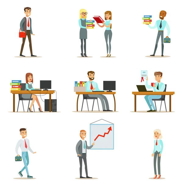 Happy Office Workers And Managers Working In The Office Space On Their Desks And Performing Other Tasks Set Of Illustrations — Stock Vector