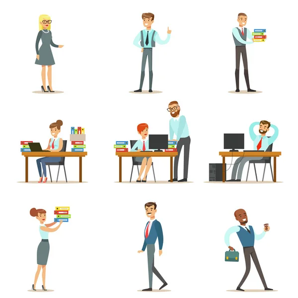 Happy Office Employees And Managers Working In The Office Space On Their Desks And Performing Other Tasks Set Of Illustrations - Stok Vektor