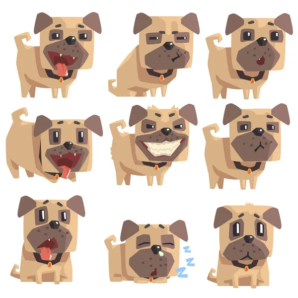 Küçük evde beslenen hayvan Pug köpek köpek yaka Emoji yüz ifadeleri ve faaliyetleri karikatür çizimler dizi — Stok Vektör