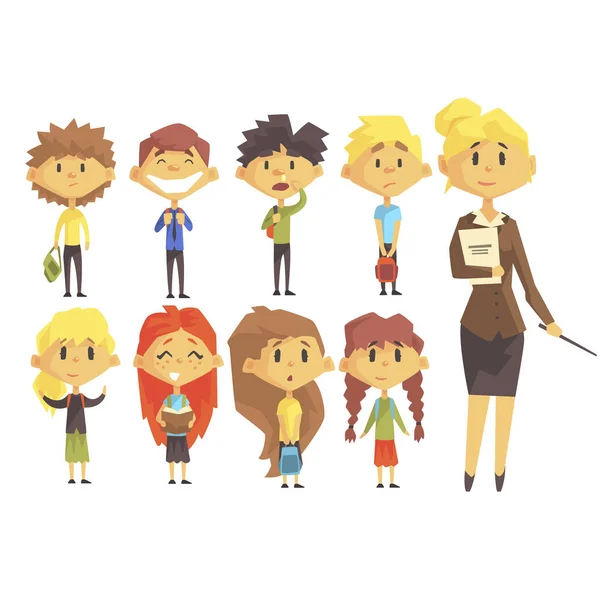 Elementare scuola gruppo di scolari con loro femmina insegnante in vestito set di cartoni animati personaggi — Vettoriale Stock