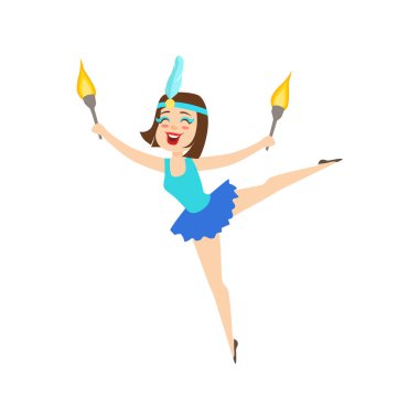 Sirk kız jimnastikçi mavi Tutu sanatçısı sirk gösterisi için yanan meşaleler ile akrobatik dans performans