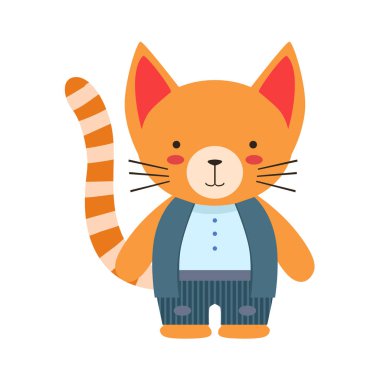 Kırmızı kedi beyaz bluz ve yelek şirin oyuncak bebek hayvan gibi küçük çocuk giyinmiş