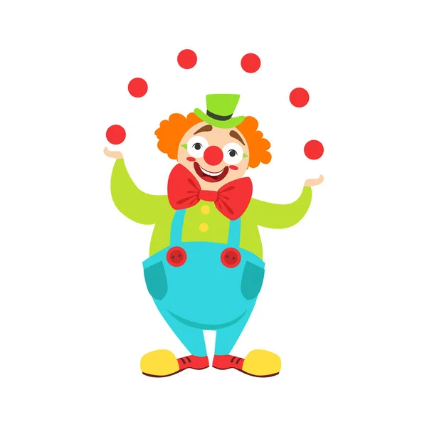 Circus Clown Artist In Classic Outfit With Red Nose And Make Up Performing Juggling Stunt For The Circus Show — Stock Vector