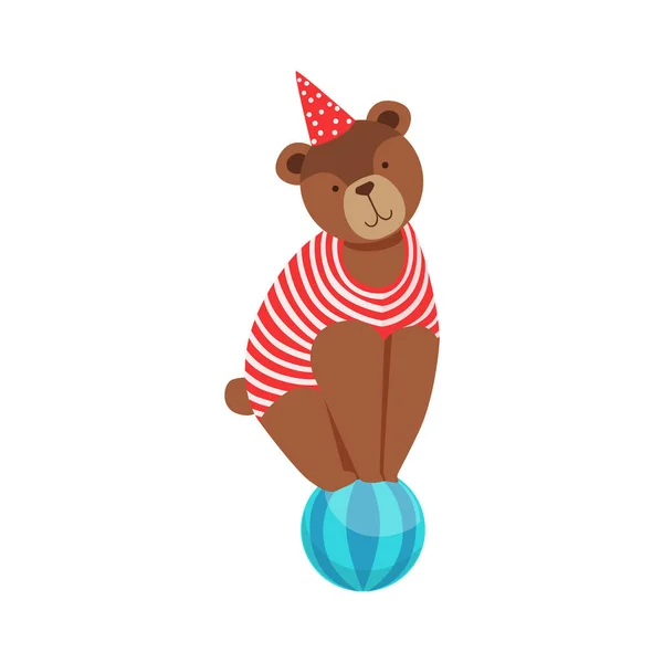 Circus Bear Animal Artist In Stripy Body Suit Performing Acrobatic Balancing On The Ball Stunt For The Circus Show — Stock Vector