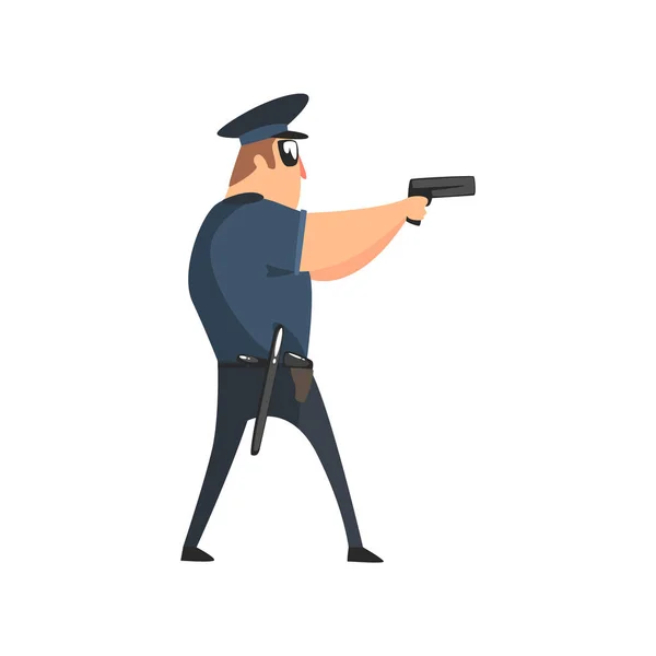 Policier en uniforme de flic américain avec matraque, radio, étui à pistolet et lunettes de soleil couvrant la zone avec pistolet — Image vectorielle