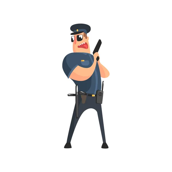 Policeman In American Cop Uniform With Truncheon, Radio, Gun Holster And Sunglasses Holding Pistol And Calling For Cover — Stock Vector