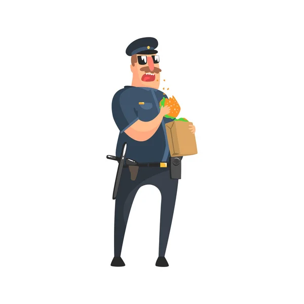 Policeman In American Cop Uniform With Truncheon, Radio, Gun Holster And Sunglasses Having Lunch From Paper Bag — Stock Vector