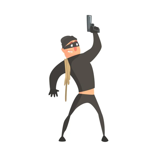 Crimineel met touw dragen van masker afvuren pistool In de lucht het plegen van een misdaad beroven van de Bank — Stockvector